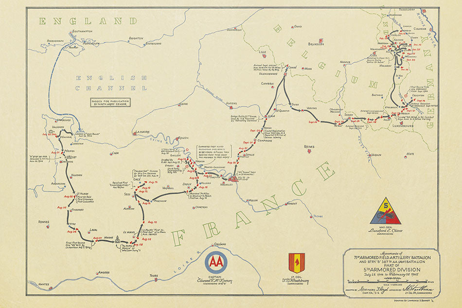 71st Armored Field Artillery Battalion Map July 1944 to Feb 1945